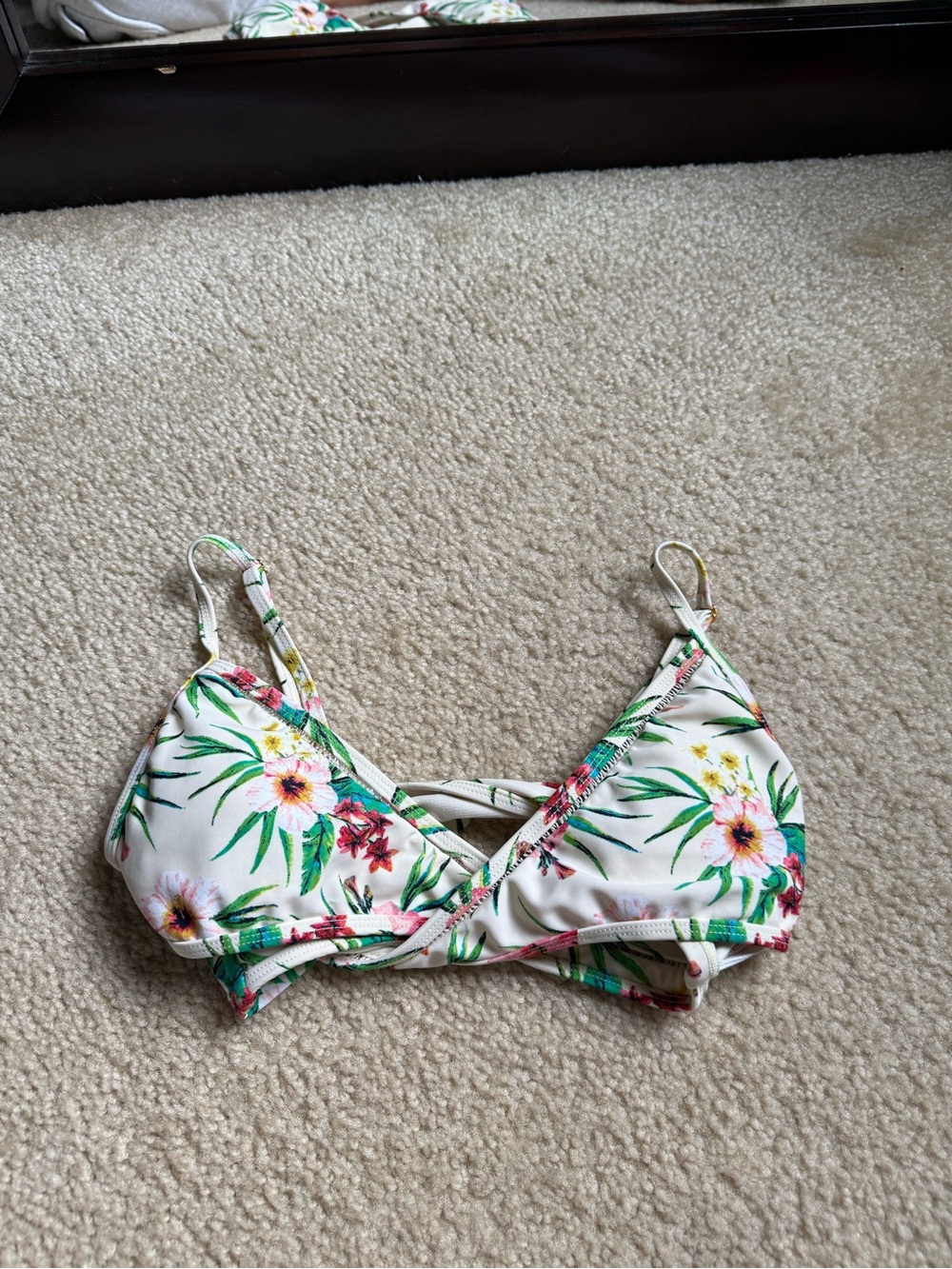 Floral White Triangle Bikini Top with Green Leaf Print